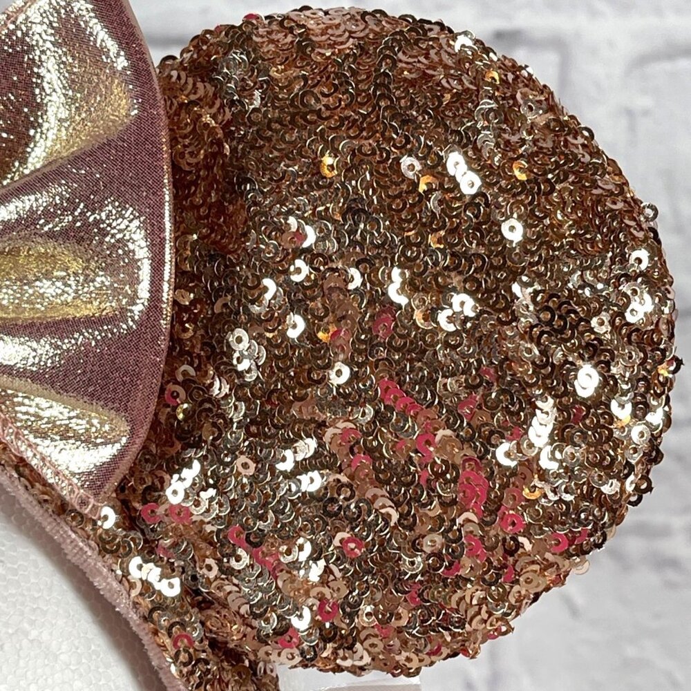 Rose Gold Walt Disney Parks Minnie Mickey Mouse Ears Headband Bow Pink Sequins - Picture 7 of 12